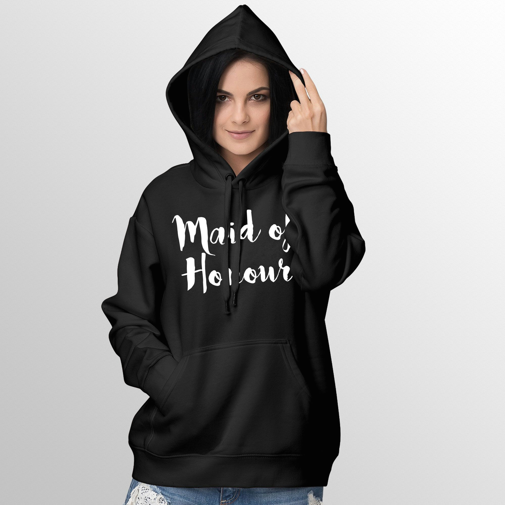 Drawing Of A Girl In A Hoodie Maid Of Honour Hoodie Quote Slogan Illustration Personalised