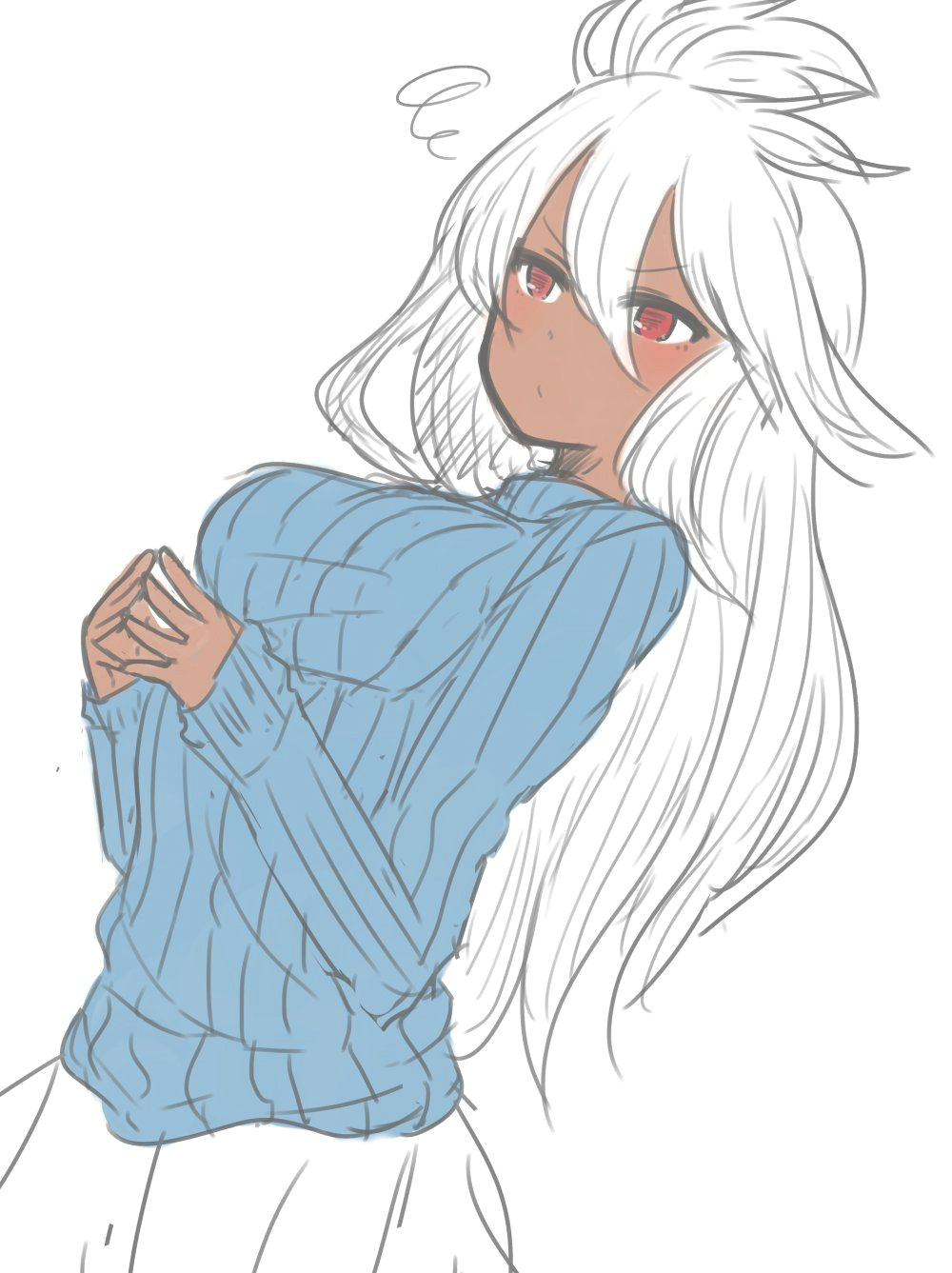 Drawing Of A Girl In A Sweater 1girl Ahoge Bangs Blush Breasts Contemporary Dark Skin