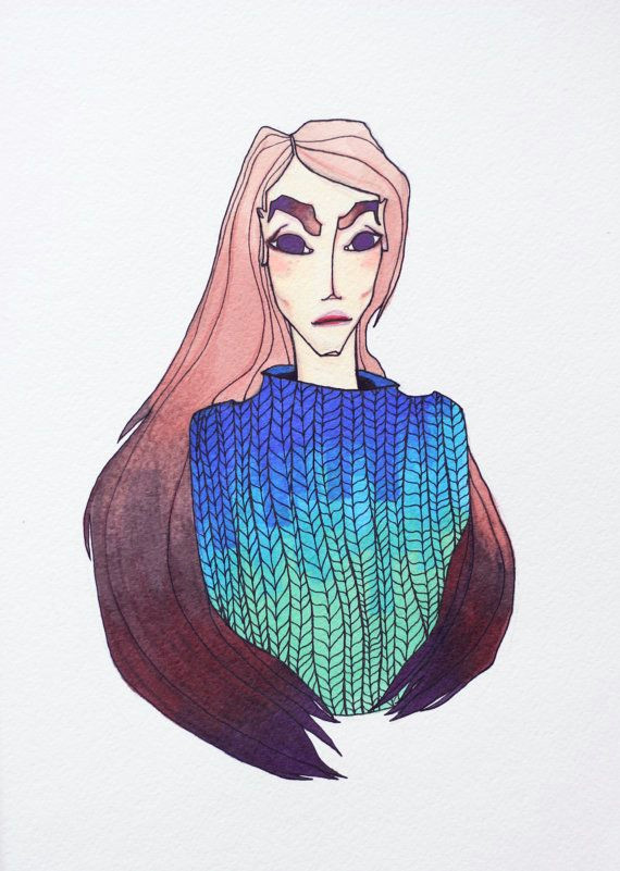 Drawing Of A Girl In A Sweater Girl In A Knitted Pullover Art Print Fashion Illustration