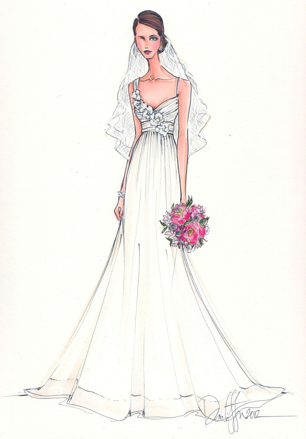 Drawing Of A Girl In A Wedding Dress Custom Bridal Illustration 165 00 Via Etsy Art Illustration