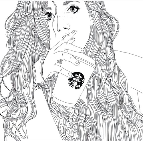 Drawing Of A Girl In Black and White Art Black White Drawing Girl Outlines Starbucks Image I