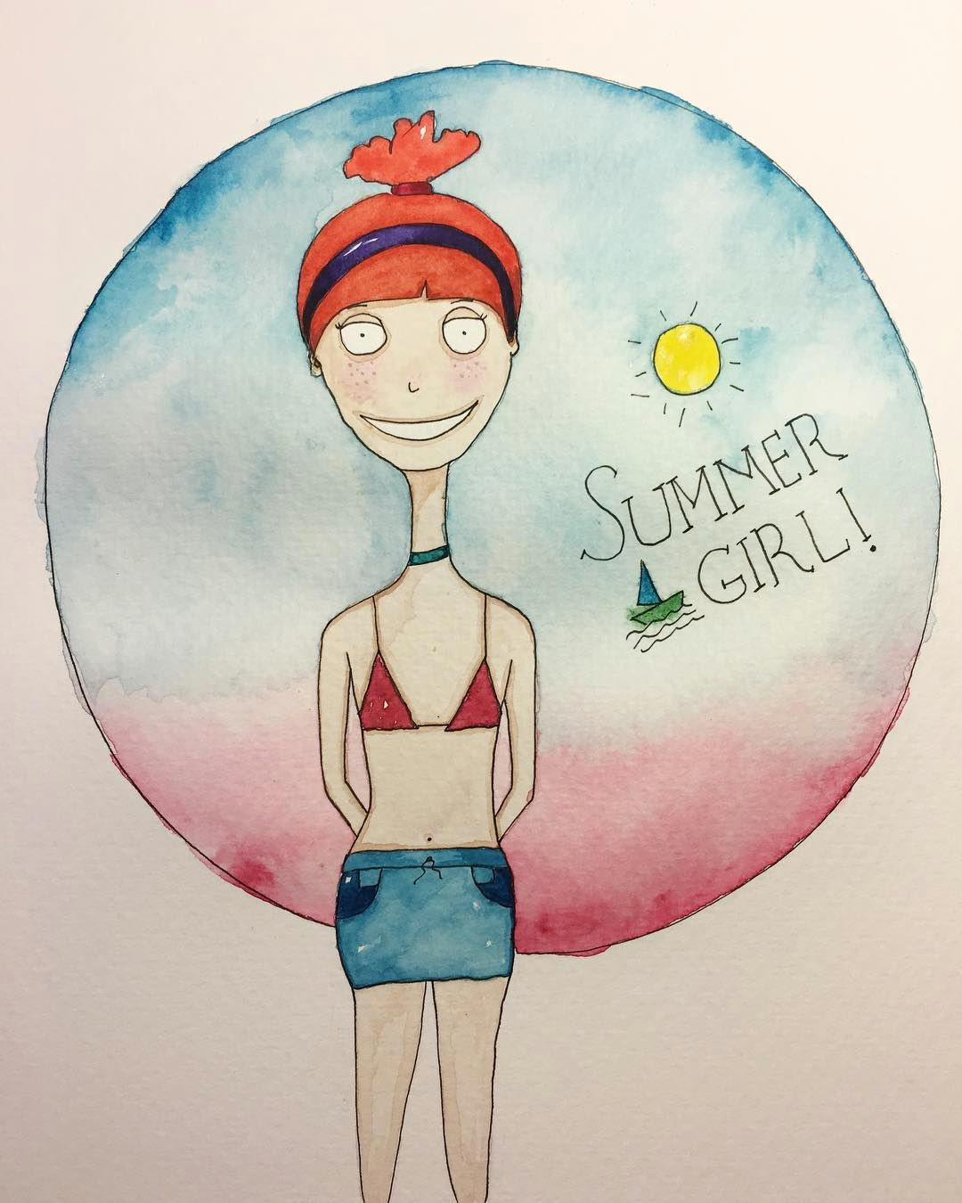 Drawing Of A Girl In Colour My Summer Girl Angie Characterdesign Watercolor Painting