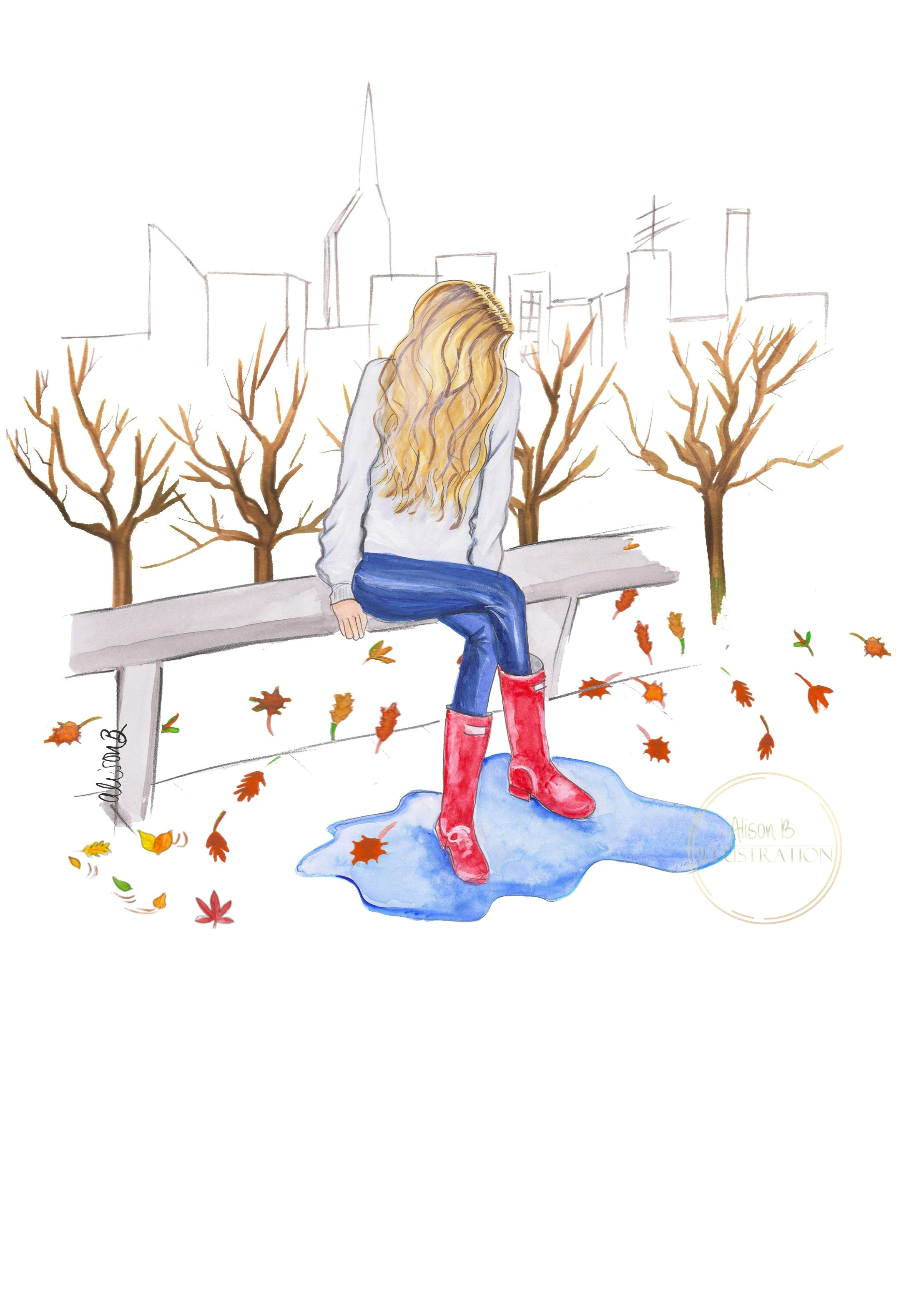 Drawing Of A Girl In Fall Fall Scene Painting Autumn Modern Wall Decor Watercolor Sketch Of