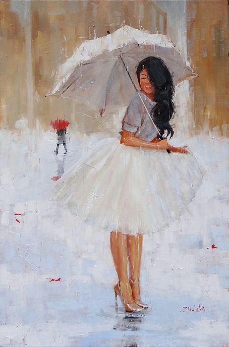 Drawing Of A Girl In the Rain with An Umbrella Another Splash Painting by Laura Lee Zanghetti Laura Zanghetti