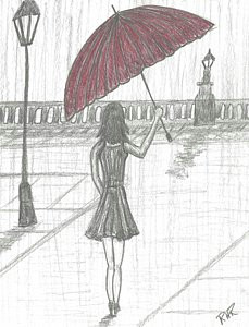 Drawing Of A Girl In the Rain with An Umbrella Red Umbrella Drawings Fine Art America