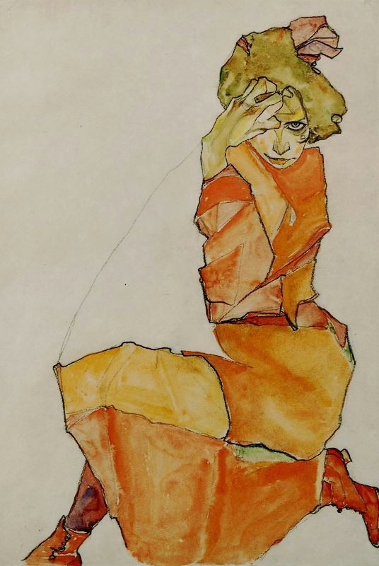 Drawing Of A Girl Kneeling Egon Schiele Kneeling Female In orange Dress C 1910 Eden Vizual