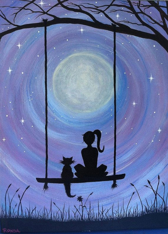 Drawing Of A Girl Looking at the Moon A Girl and Her Cat Sitting On A Swing Under the Full Moon Print