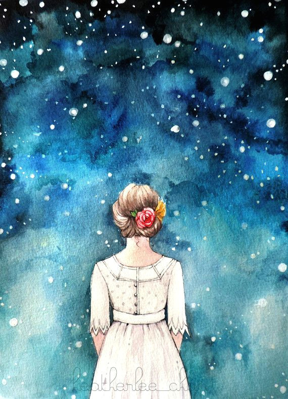 Drawing Of A Girl Looking at the Stars Starry Night Sky and Girl Art Watercolor Print Art Journal