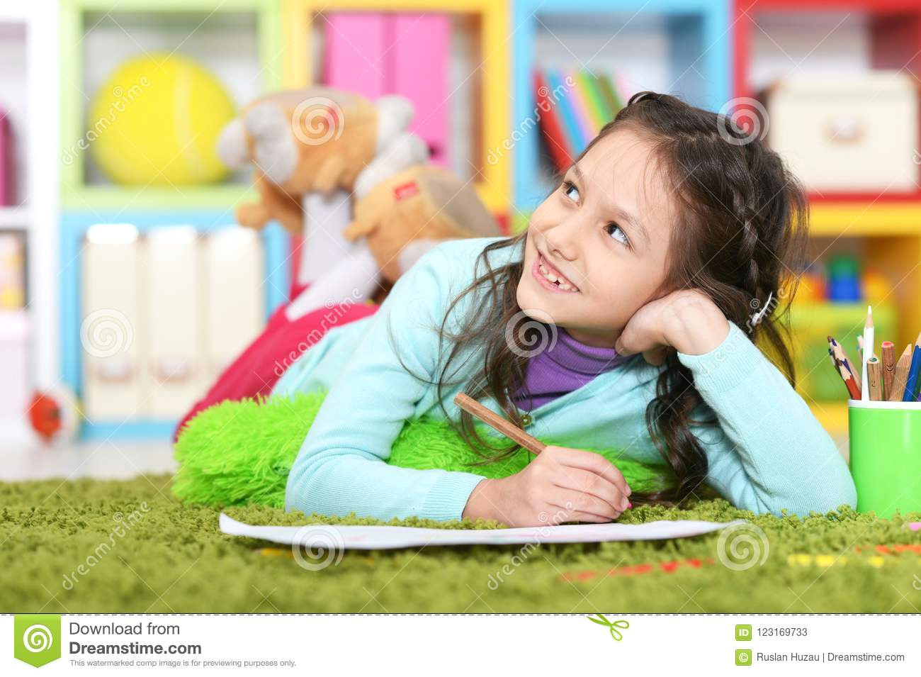 Drawing Of A Girl Lying On the Floor Cute Little Girl Drawing while Lying Stock Image Image Of Paper