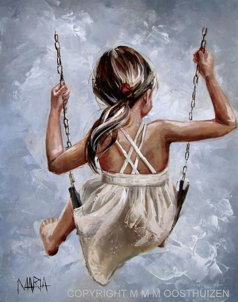 Drawing Of A Girl On A Swing In His Peace original Fine Art Painting by Maria Magdalena