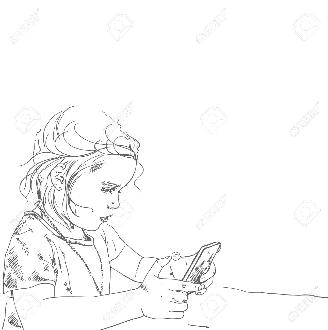 Drawing Of A Girl On Her Phone Drawing Illustration Of Little Five Years Old Girl Holding and