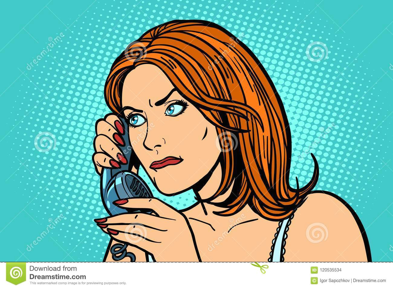 Drawing Of A Girl On Her Phone Serious Woman Talking On the Phone Emotions Stock Vector