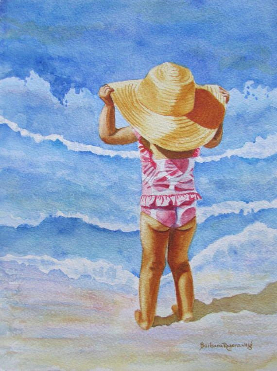 Drawing Of A Girl On the Beach Beach Girl Watercolor Painting Beach Girl Print Girl Nursery Decor