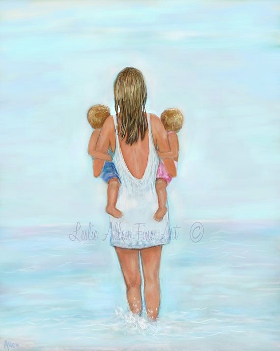 Drawing Of A Girl On the Beach Mother Daughter son Twins Art Print Big Sister Mom Boy Girl Beach