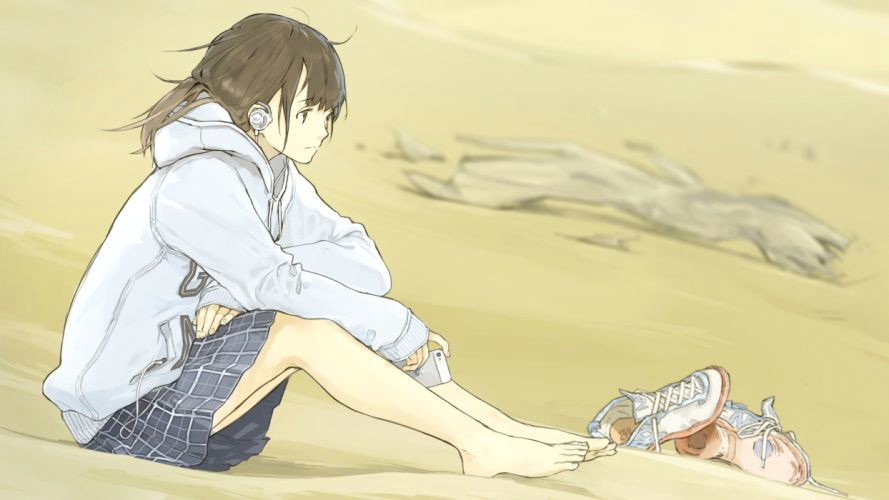 Drawing Of A Girl On the Beach originals Anime Girl with Headphones Sitting On the Beach Wallpaper