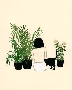 Drawing Of A Girl Planting Girl Plants and A Cat Art Illustration Drawings Art