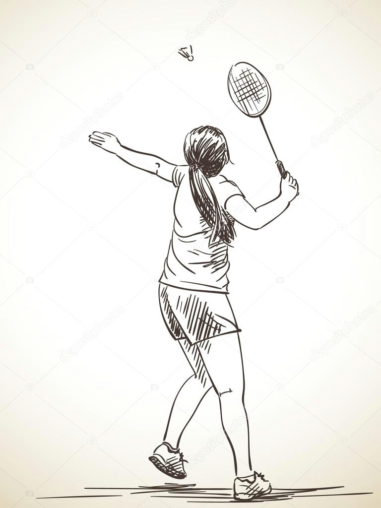 Drawing Of A Girl Playing Badminton Sketch Of Woman Playing Badminton Stock Vektor A C Olgatropinina