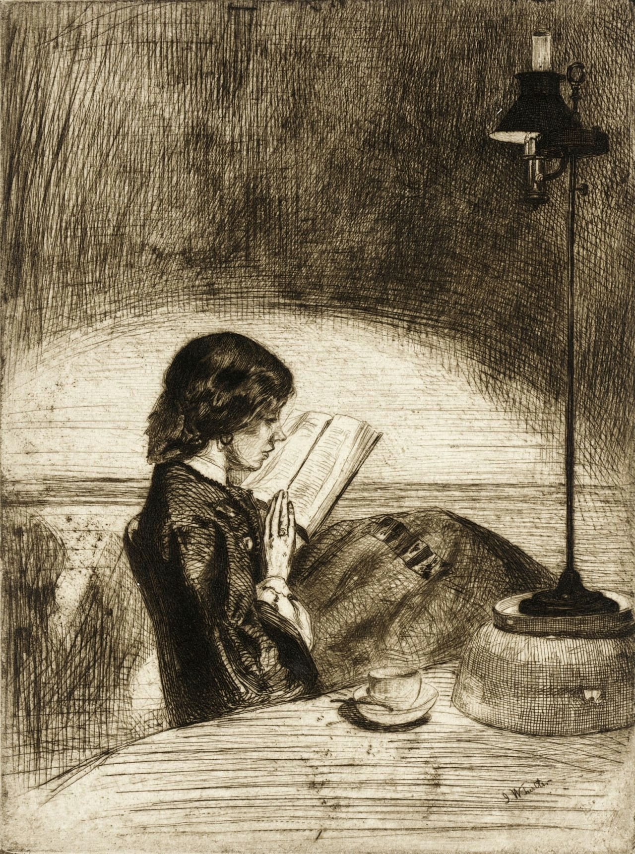 Drawing Of A Girl Reading A Book James Abbott Mcneill Whistler 1834 1903 Reading by Lamplight
