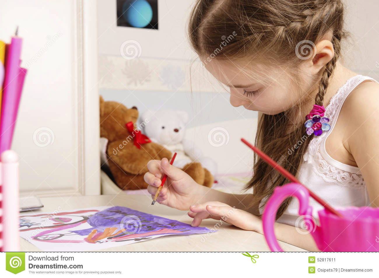 Drawing Of A Girl Sitting at A Desk Portrait Of A Young Girl Drawing A Picture In Her Playroom Stock