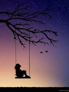 Drawing Of A Girl Sitting Under A Tree A Girl and Her Cat Sitting On A Swing Under the Full Moon Print