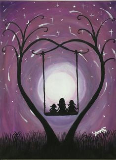 Drawing Of A Girl Sitting Under A Tree A Girl and Her Cat Sitting On A Swing Under the Full Moon Print