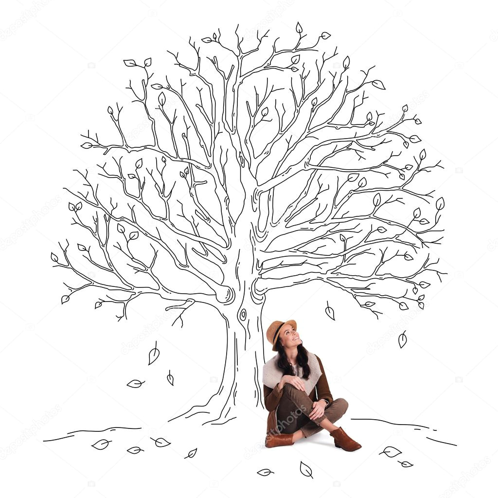 Drawing Of A Girl Sitting Under A Tree Beautiful Woman Sitting Under Sketch Of Tree Zdja Cie Stockowe