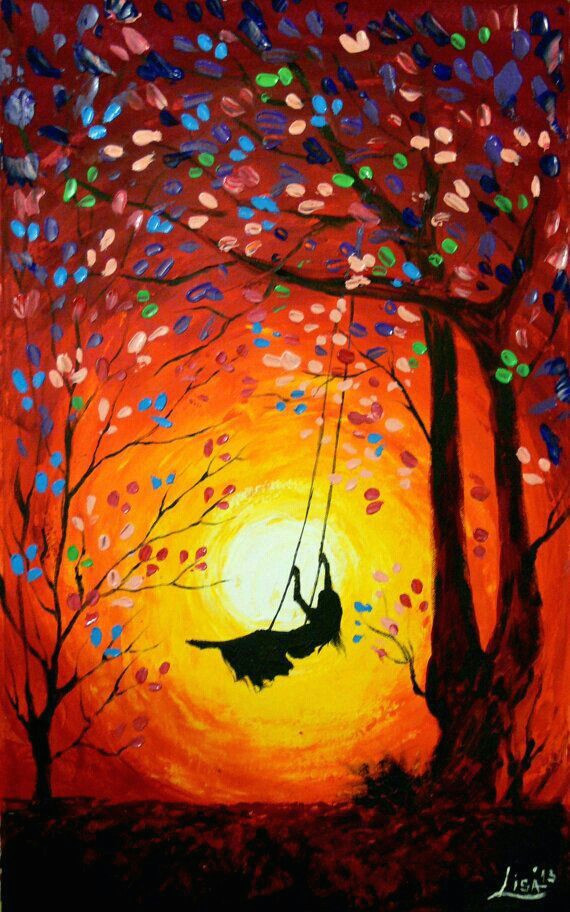 Drawing Of A Girl Sitting Under A Tree Girl On A Tree Swing Swinging Into the Golden Swi Painting