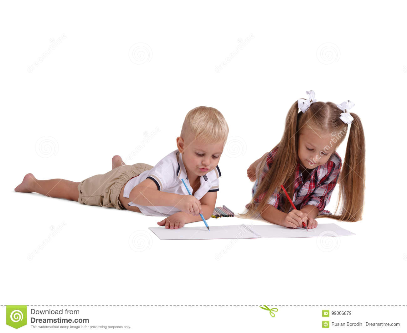 Drawing Of A Girl Studying Little Girl and Boy Drawing with Pencils isolated On A White