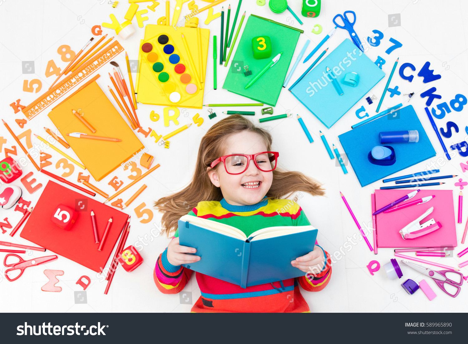 Drawing Of A Girl Studying Little Girl School Supplies Books Drawing Stock Photo Edit now