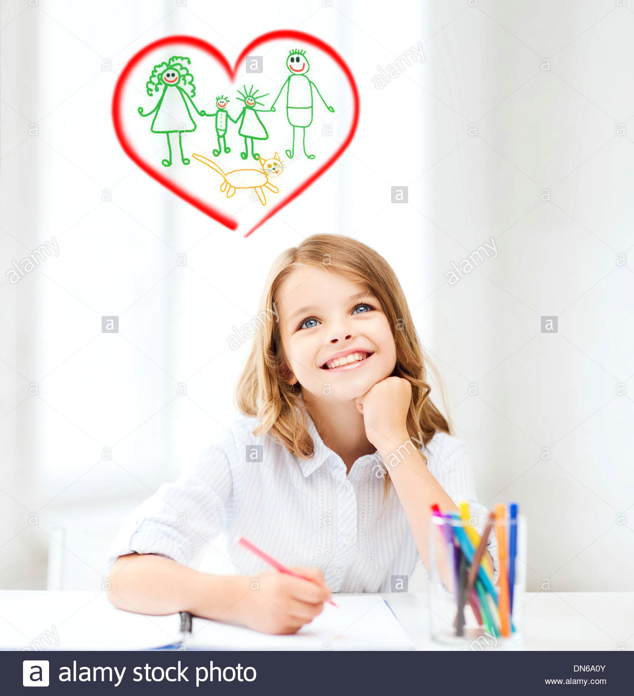 Drawing Of A Girl Studying Smiling Little Student Girl Drawing at School Stock Photo 64678459