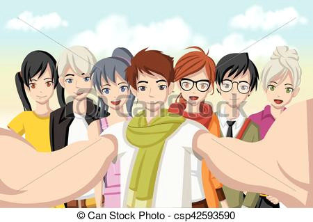 Drawing Of A Girl Taking A Selfie Group Of Cartoon Young People Taking Selfie Photo Picture Of Manga