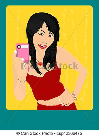 Drawing Of A Girl Taking A Selfie Sexy Girl Cute Girl Taking Self Shot Picture On Retro Stock