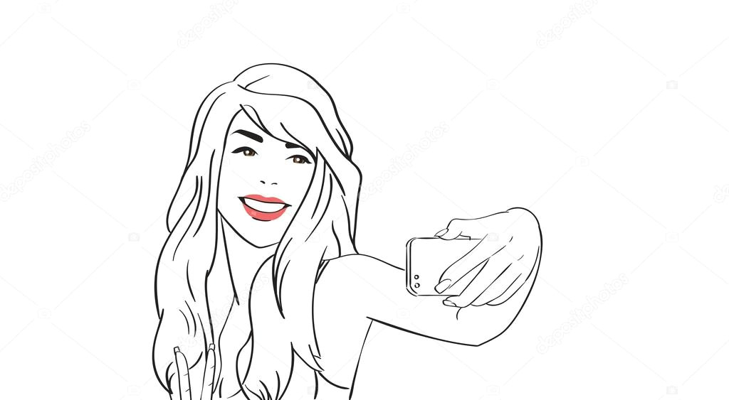 Drawing Of A Girl Taking A Selfie Sketch Girl Take Selfie Photo On Cell Smart Phone Grafika