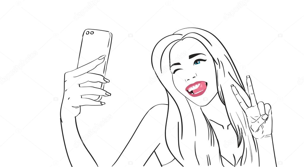 Drawing Of A Girl Taking A Selfie Sketch Girl Take Selfie Photo On Cell Smart Phone Grafika