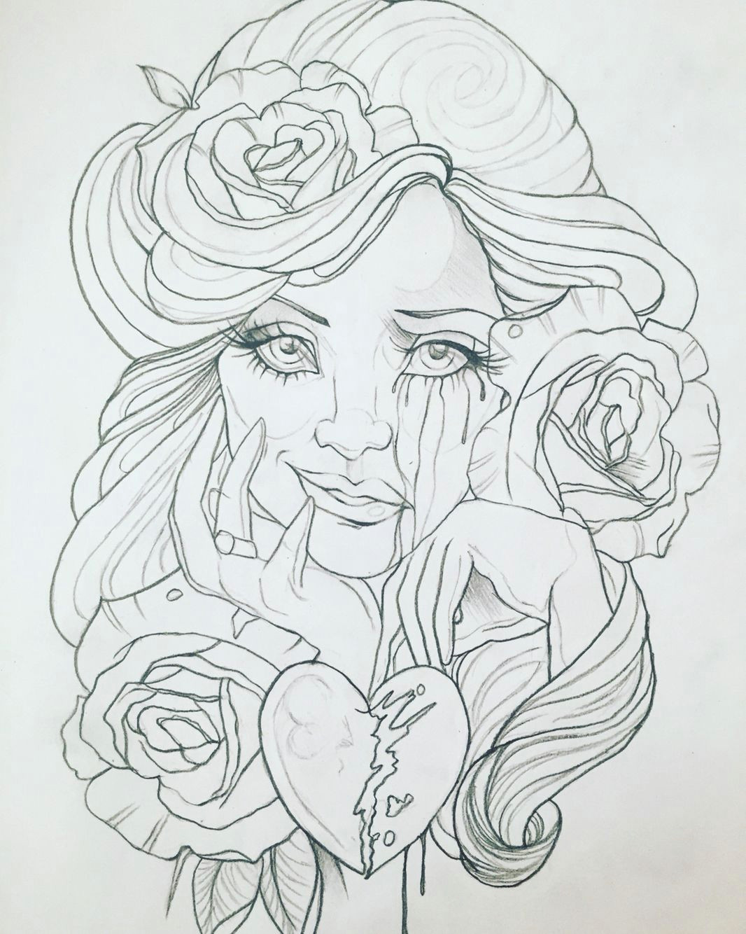 Drawing Of A Girl Tattoo My Drawing Girl Cute Awesome Sad Crying Happy Brokenheart Color