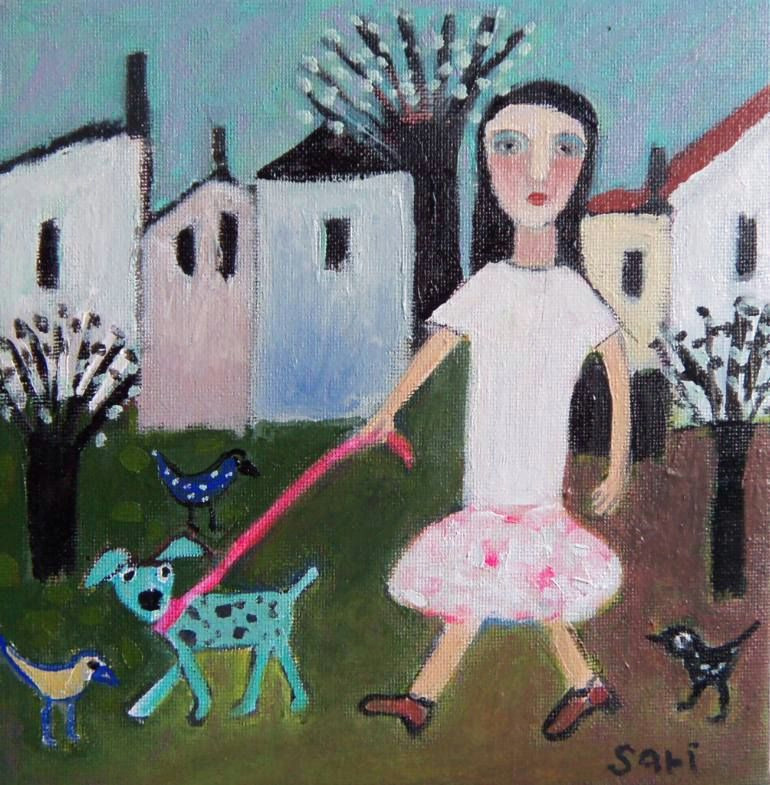 Drawing Of A Girl Walking A Dog 1295 Walking the Dog Painting by Sari Noy Azaria In 2018 Art
