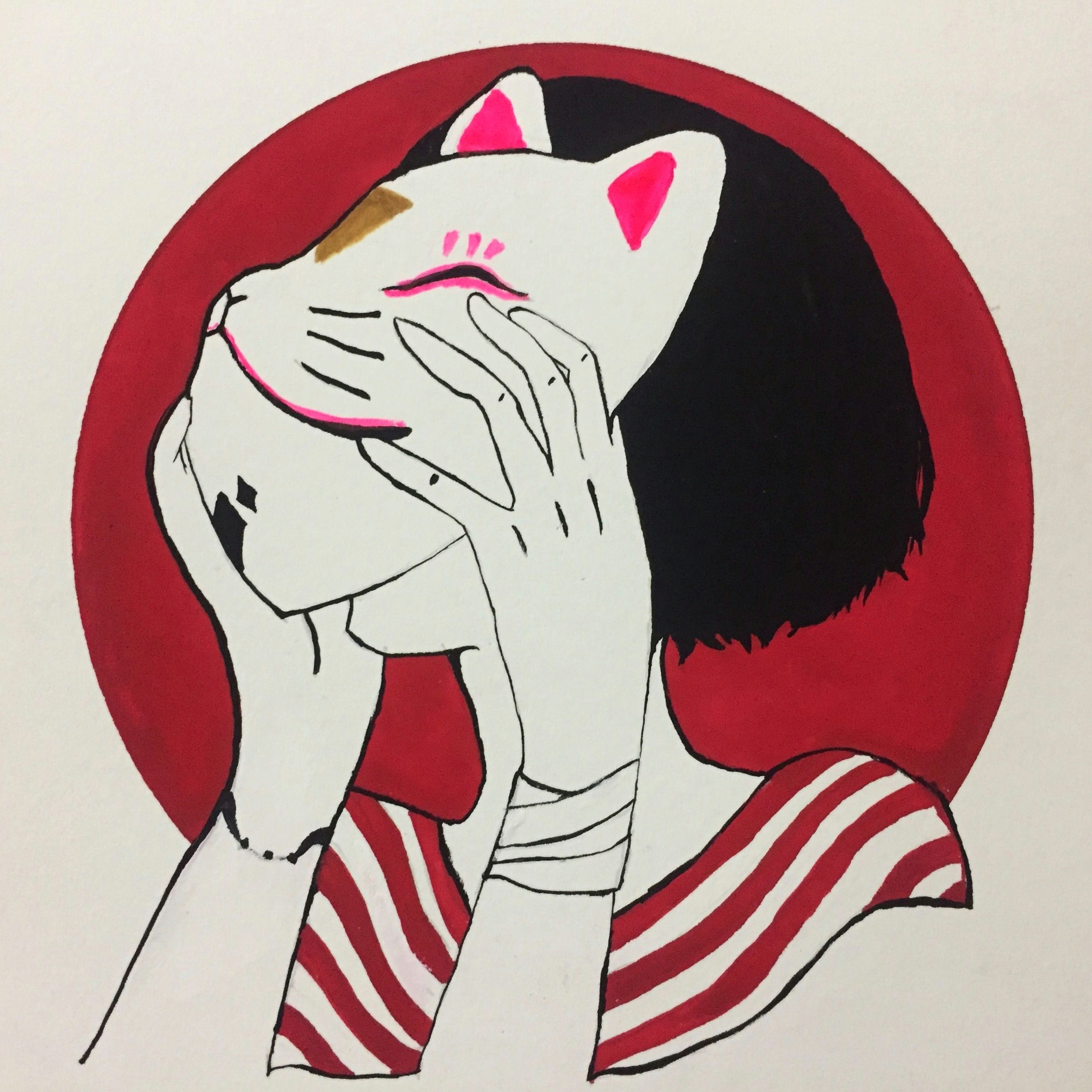 Drawing Of A Girl with A Mask Cat Mask Girl Drawing In 2019 Drawings Art Art Drawings