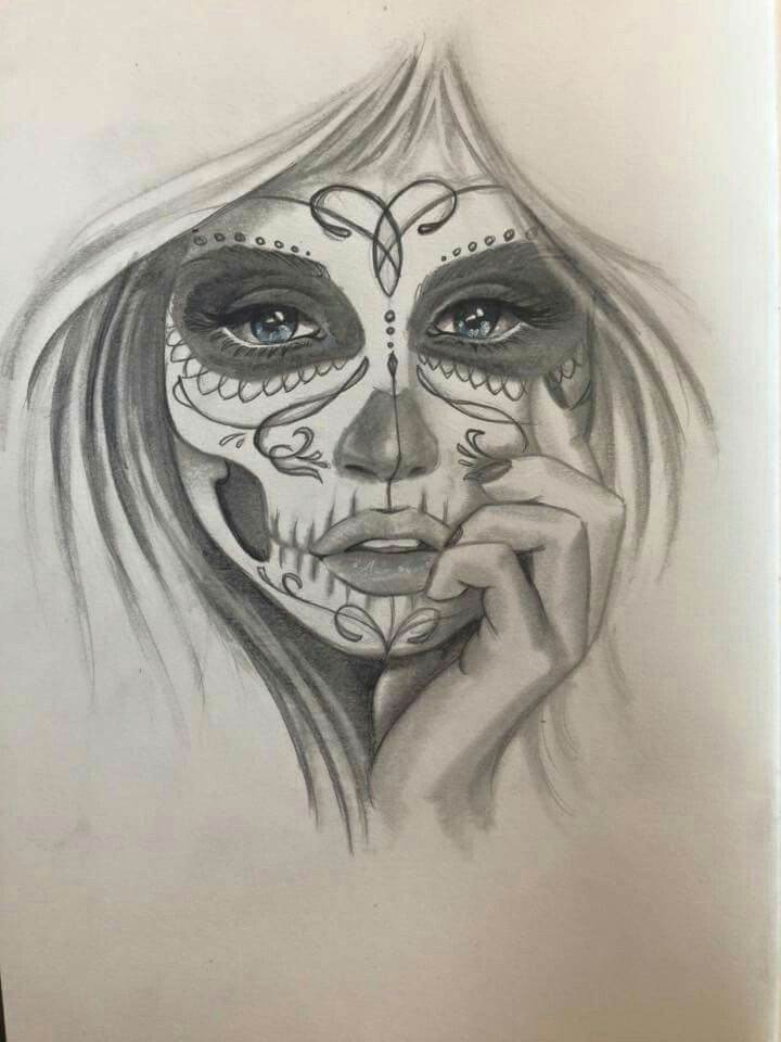 Drawing Of A Girl with A Mask Mask Face Sugar Skull Girl Tattoos Tattoo Illustration Drawings