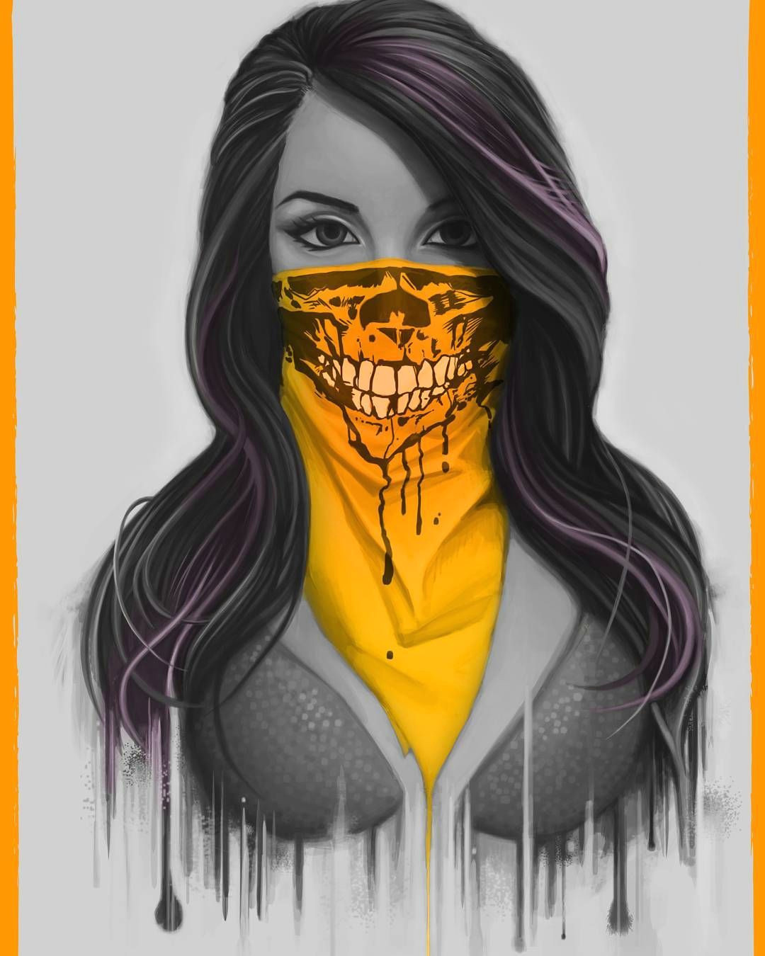 Drawing Of A Girl with A Mask Skull Girlface Artwork Bandit Mask Digitalpainting Art