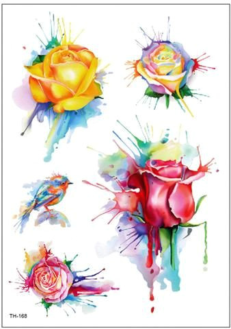 Drawing Of A Girl with A Rose Rita Colorful Watercolor Melting Splat Floral Rose Flower Temporary