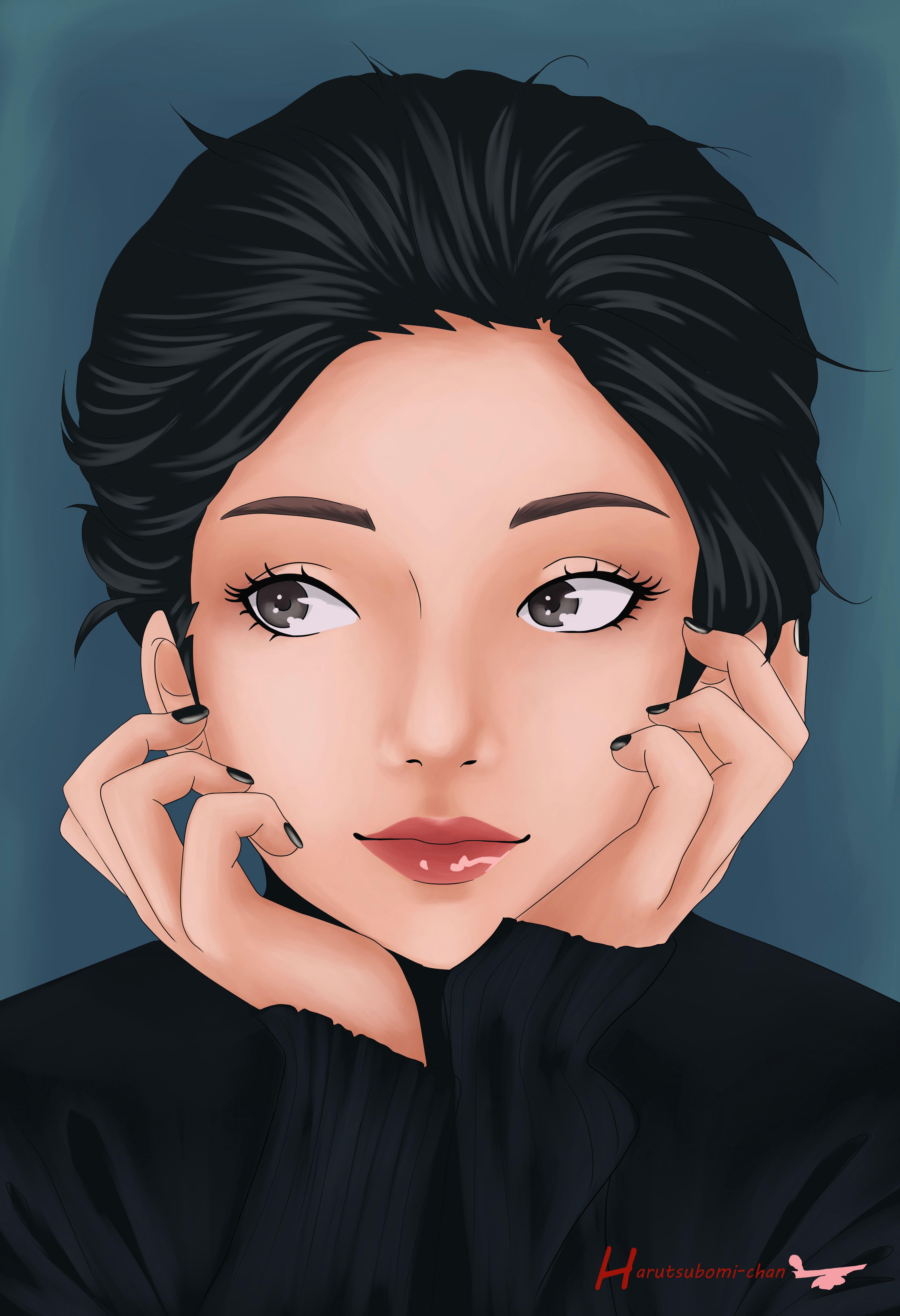Drawing Of A Girl with Black Hair Anime Manga Portrait Girl Cute Drawing Black Eyes Hair