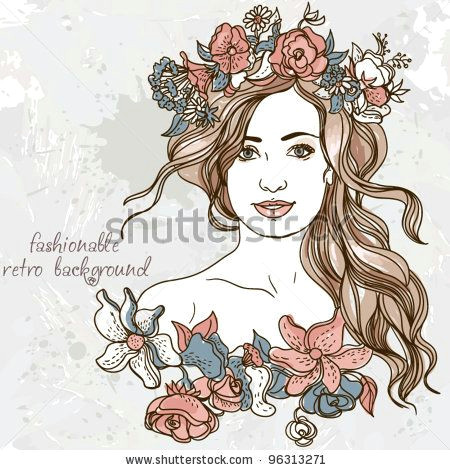 Drawing Of A Girl with Flowers In Her Hair Beautiful Girl with A Wreath In Her Hair Background to the Girl and