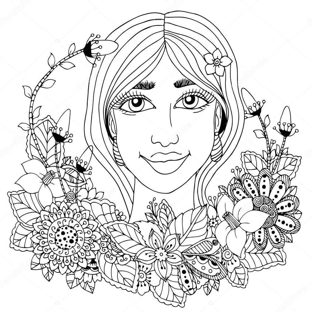 Drawing Of A Girl with Flowers In Her Hair Vector Illustration Girl with Flowers In Her Hair Doodle Drawing