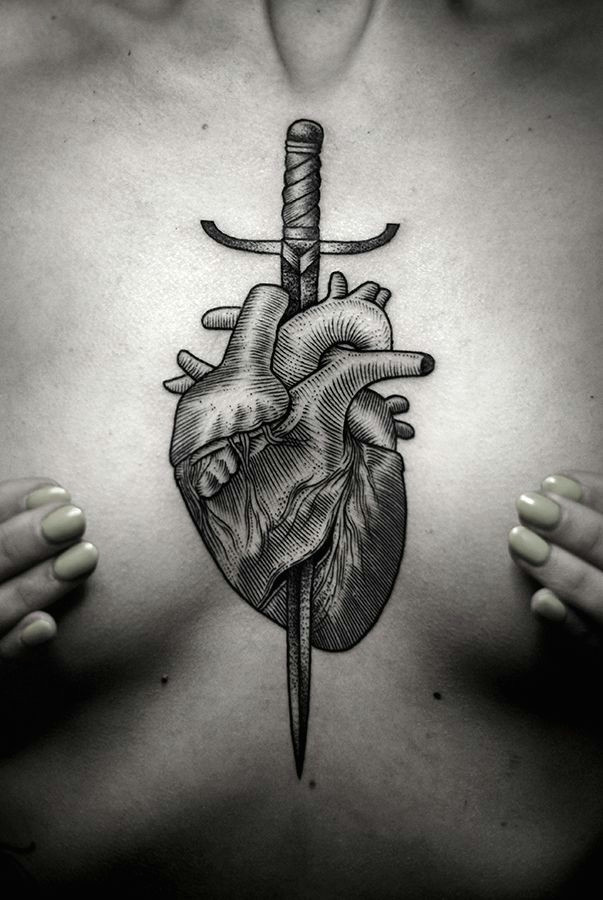 Drawing Of A Heart Being Stabbed Kamil Czapiga Tattoo 2014 Lines Black and White B W Tattoo