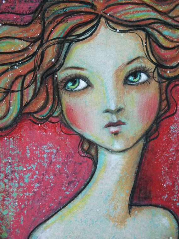 Drawing Of A Mixed Girl original Ooak 4 X 6 Mixed Media Acrylic Colored Pencil Flow A