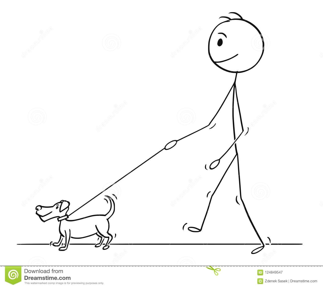 Drawing Of A Person Walking A Dog Cartoon Of Man Walking with Small Dog Stock Vector Illustration Of