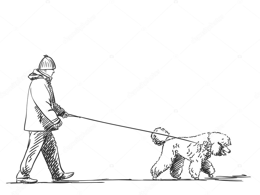 Drawing Of A Person Walking A Dog Szkic Man Walking Psa Na Smycz Grafika Wektorowa A C Olgatropinina