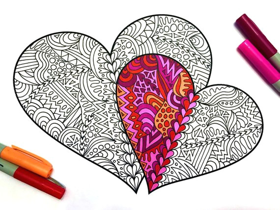 Drawing Of A Red Heart Two Hearts Pdf Zentangle Coloring Page In 2019 Products