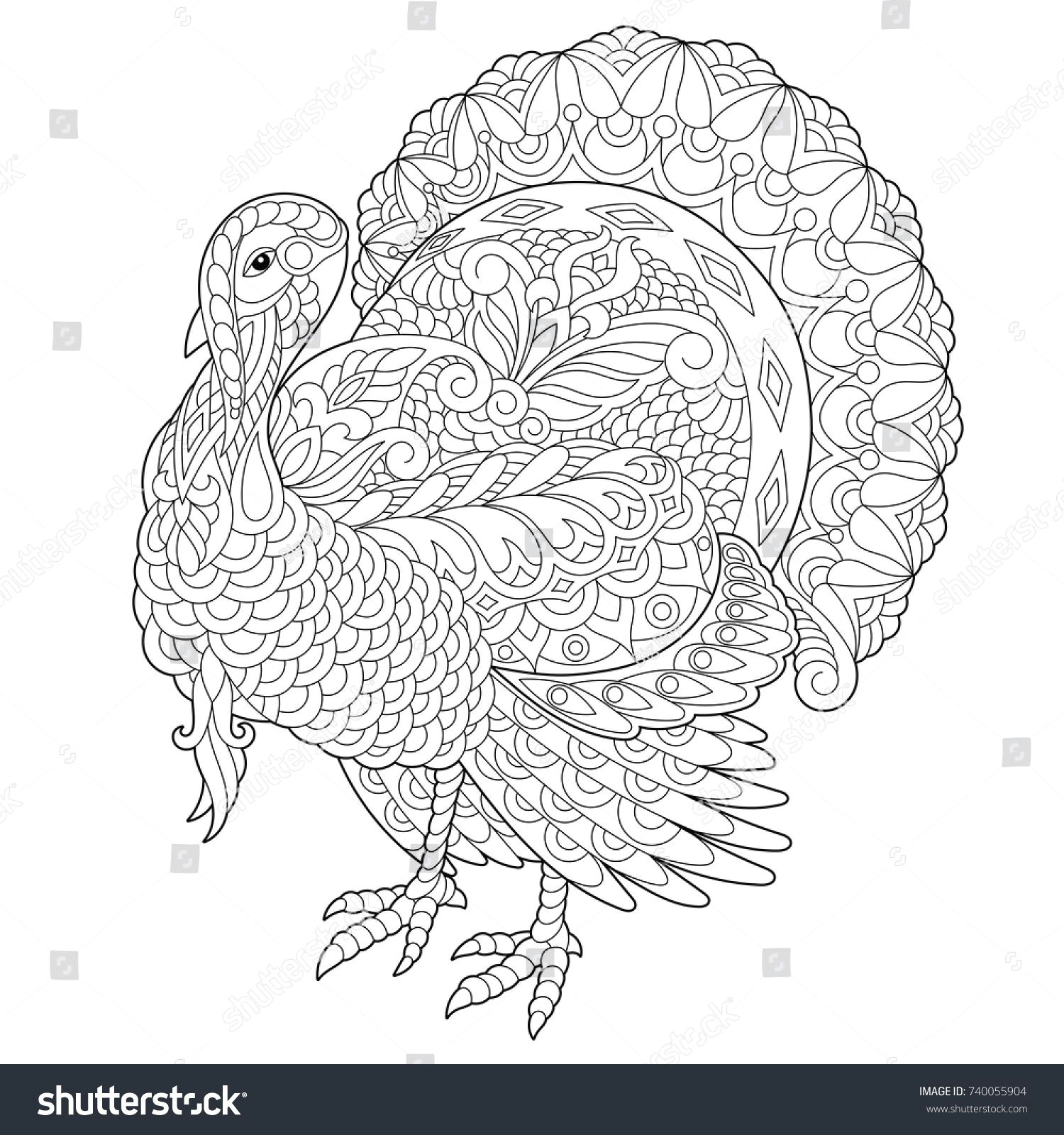 Drawing Of A Turkey Coloring Page Of Turkey for Thanksgiving Day Greeting Card Freehand