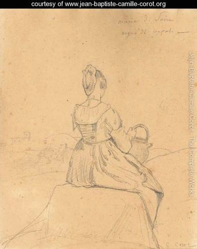 Drawing Of A Village Girl A Seated Girl Seen From Behind A Village In the Background Jean